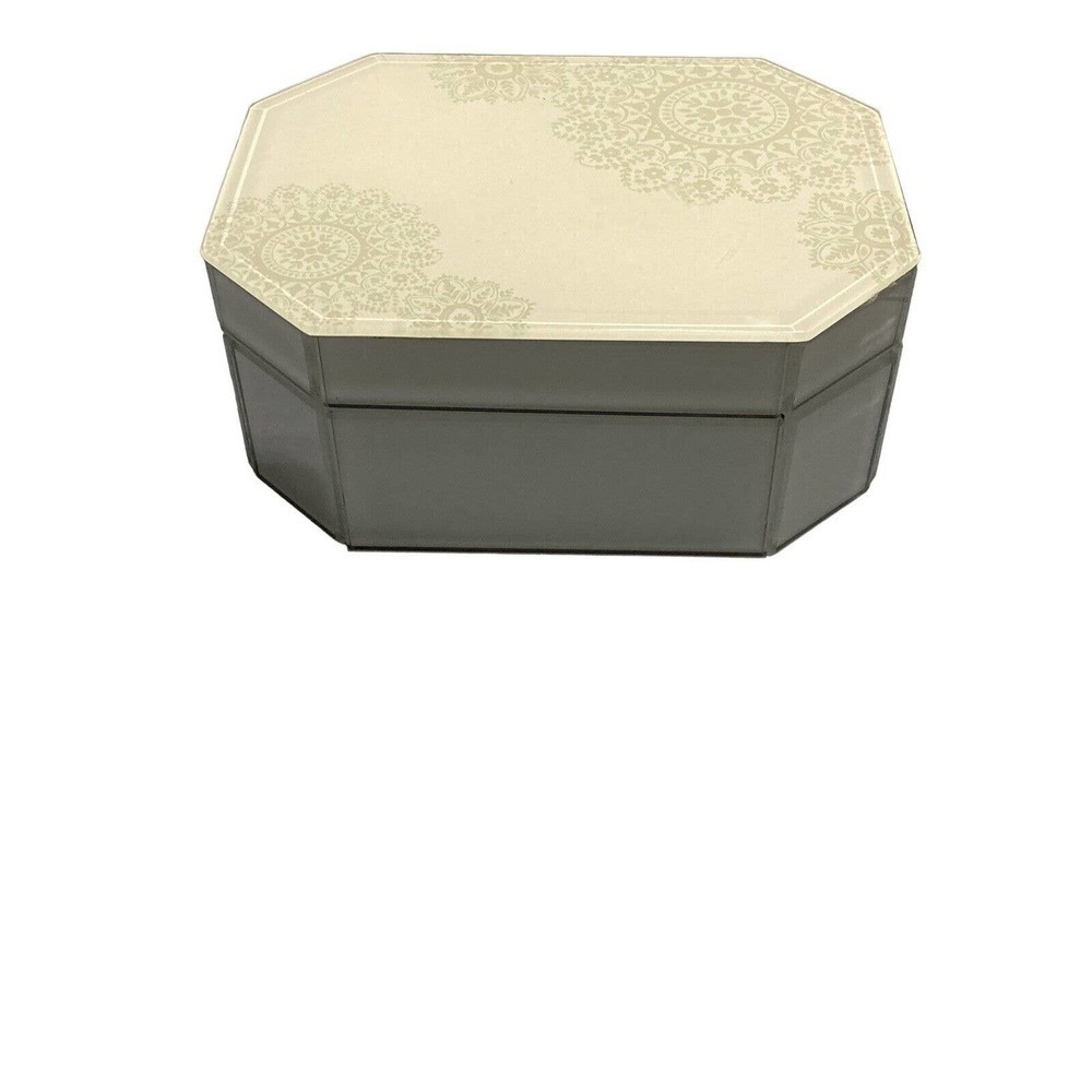 Glass Trinket Jewelry Box Tahari Home Green Damask Beveled Edges